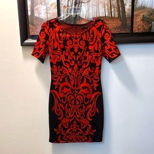 Red patterned dress with back zipper